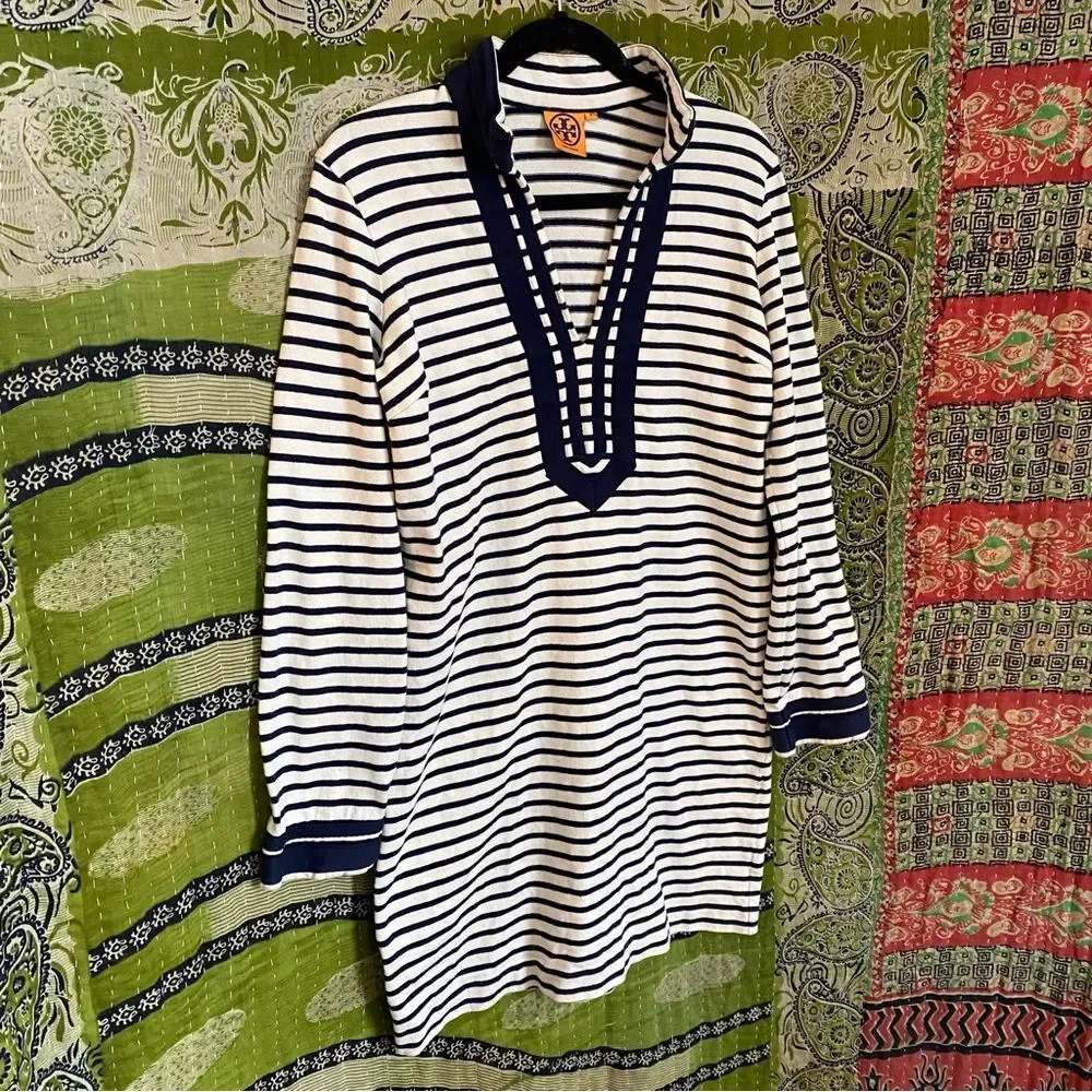Tory Burch White/ Blue Cotton Knit Mini Tunic Nautical Dress Size Medium